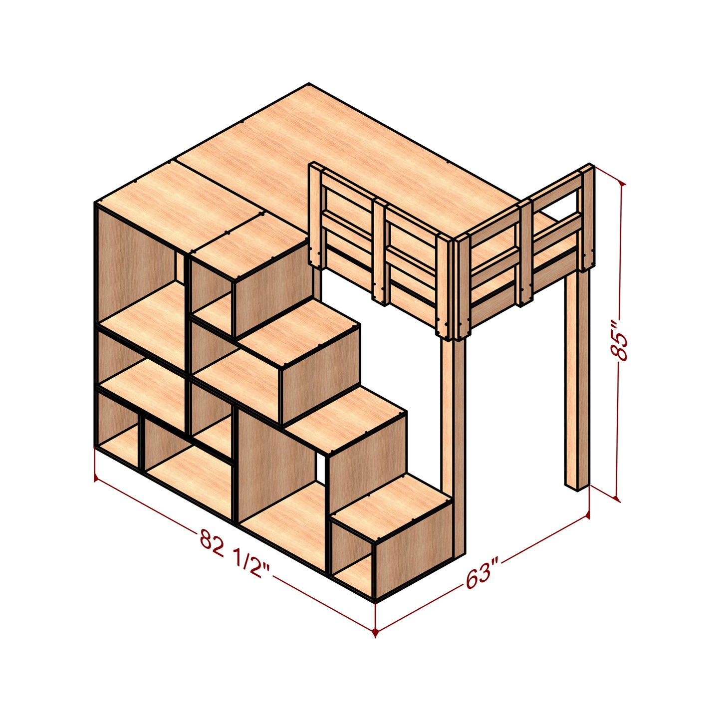 Modern Twin Size Bunk Bed with Cubic Stairs, Woodworking Plan, DIY Bunk Bed with Storage, Plywood and Solid Wood Bunk Bed