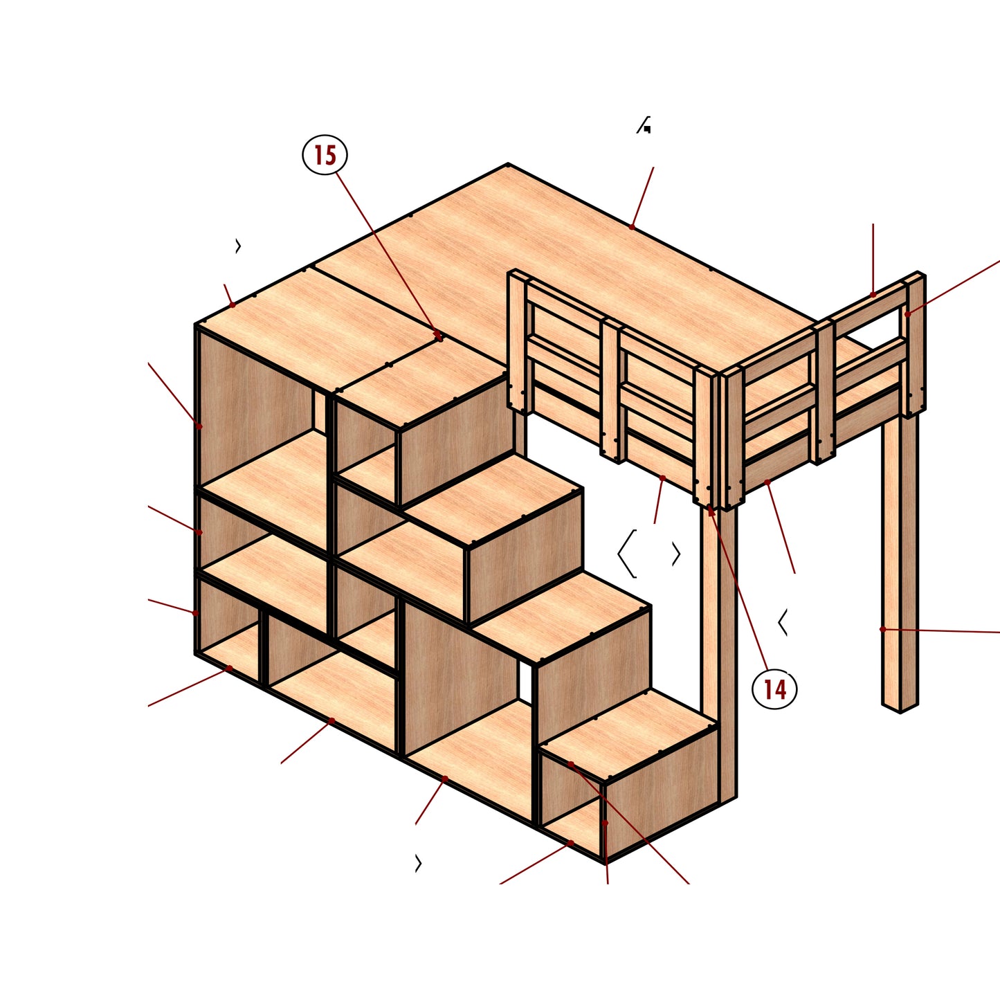 Modern Twin Size Bunk Bed with Cubic Stairs, Woodworking Plan, DIY Bunk Bed with Storage, Plywood and Solid Wood Bunk Bed