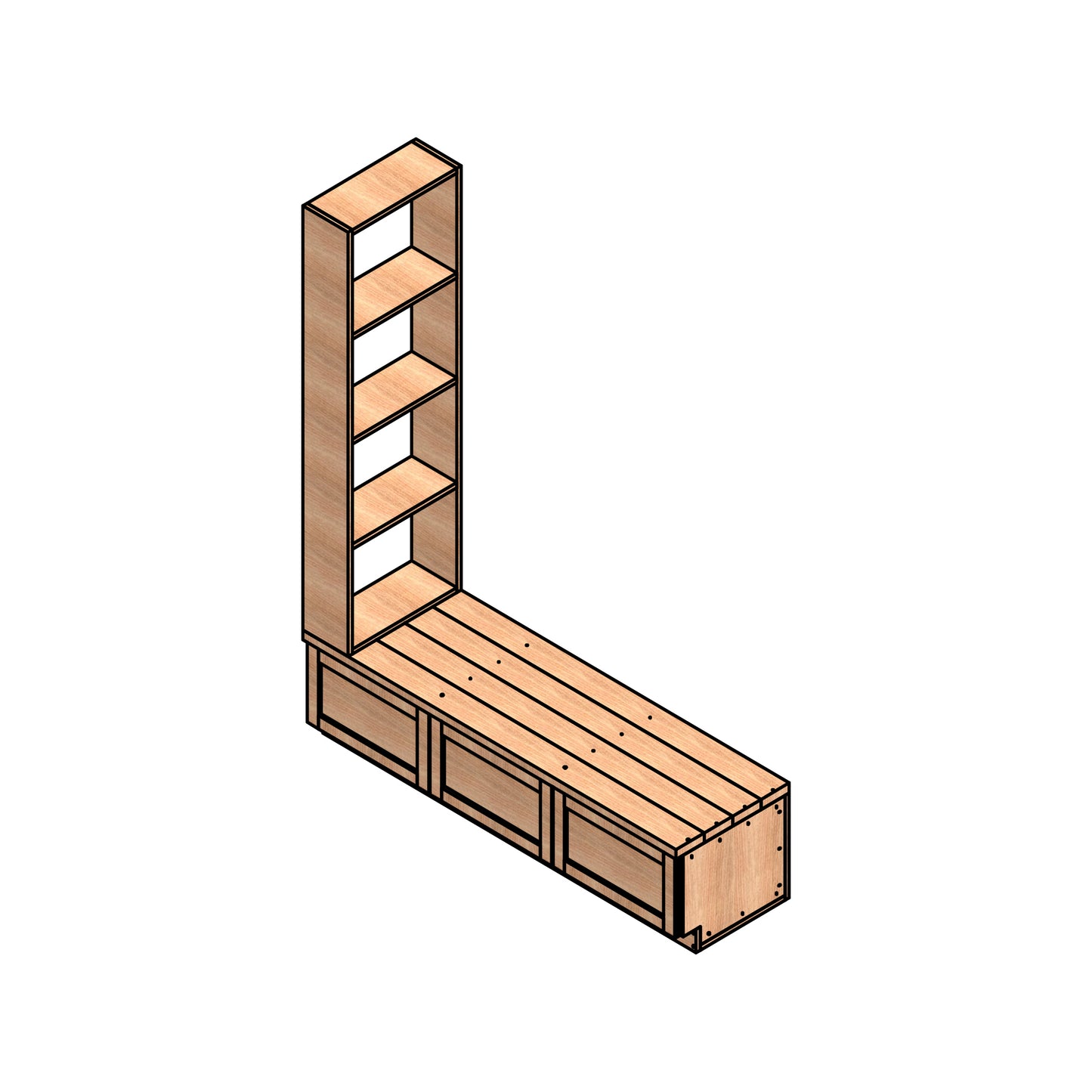 Under Stairs Nook Storage Bench with Drawers and Bookshelf Woodworking Plan