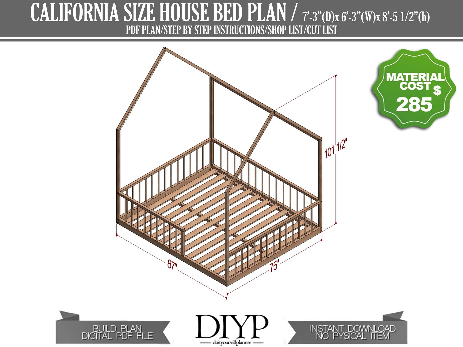 Build Your Child's Dream Montessori California Size House Bed Frame | DIY Plan with Parts List, Shopping Guide, and Production Animation