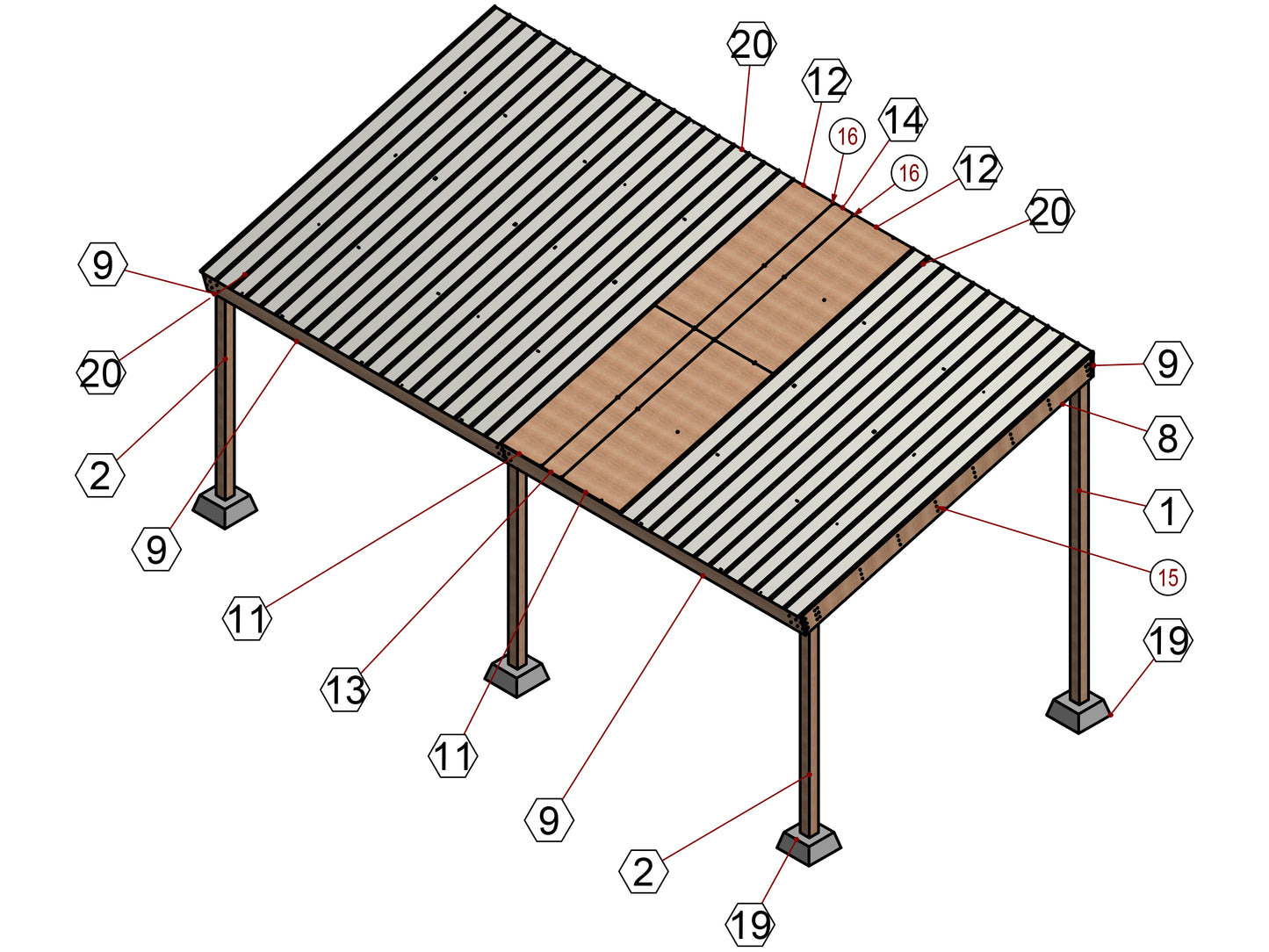 14x30 Carport Plans with Single-Pitched Roof - DIY Woodworking Blueprints, Construction Animation, and Cut List