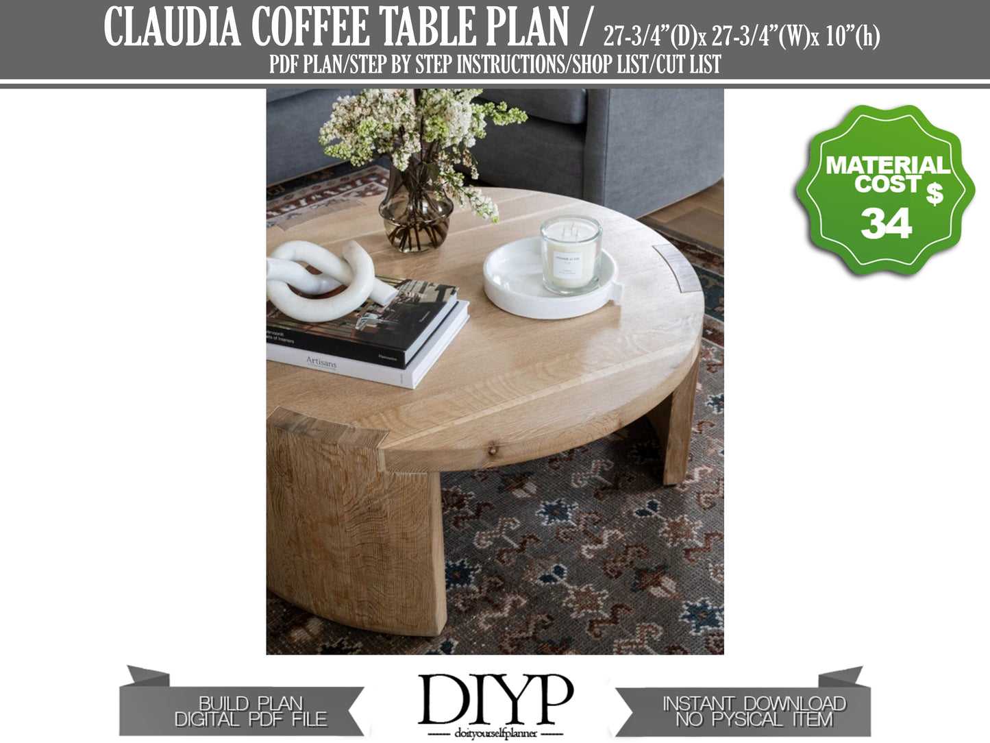 DIY Round Coffee Table Plans - Modern 28" Design with Construction Animation & Full Cut List