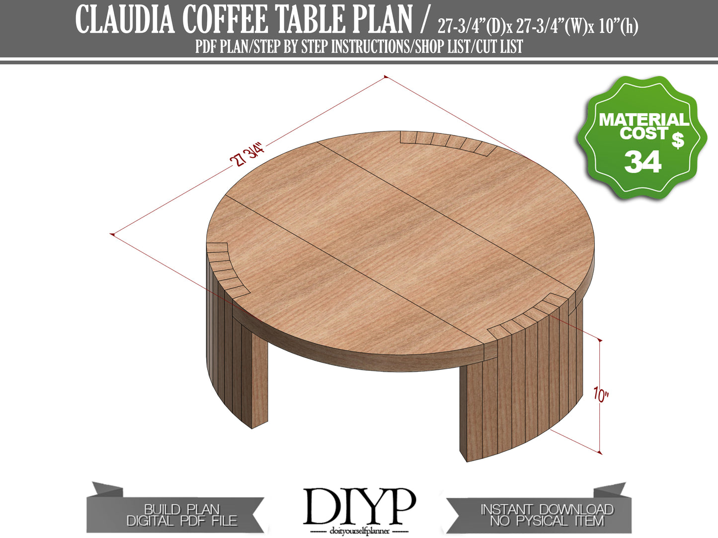 DIY Round Coffee Table Plans - Modern 28" Design with Construction Animation & Full Cut List