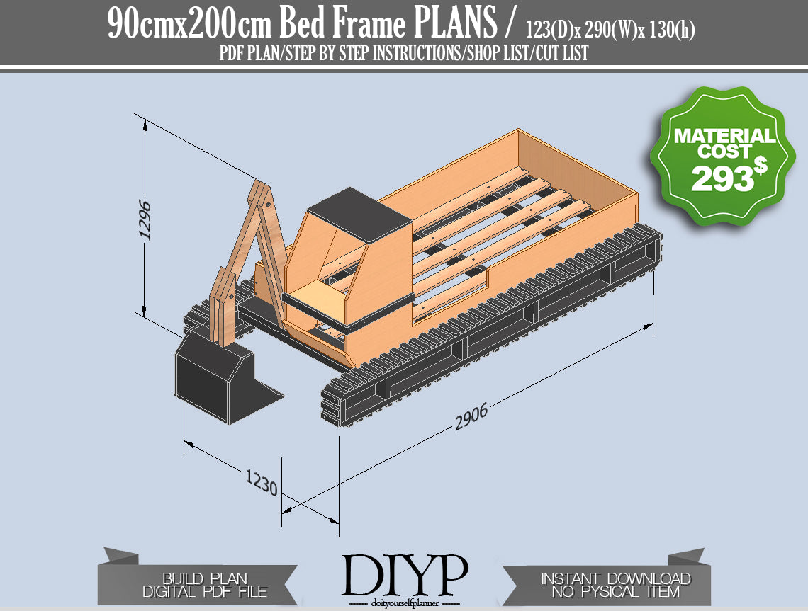 90x200cm bed frame plan, Excavator Bed Plans, Toddler bed Plan, Children Bed plan, Bulldozer bed plan