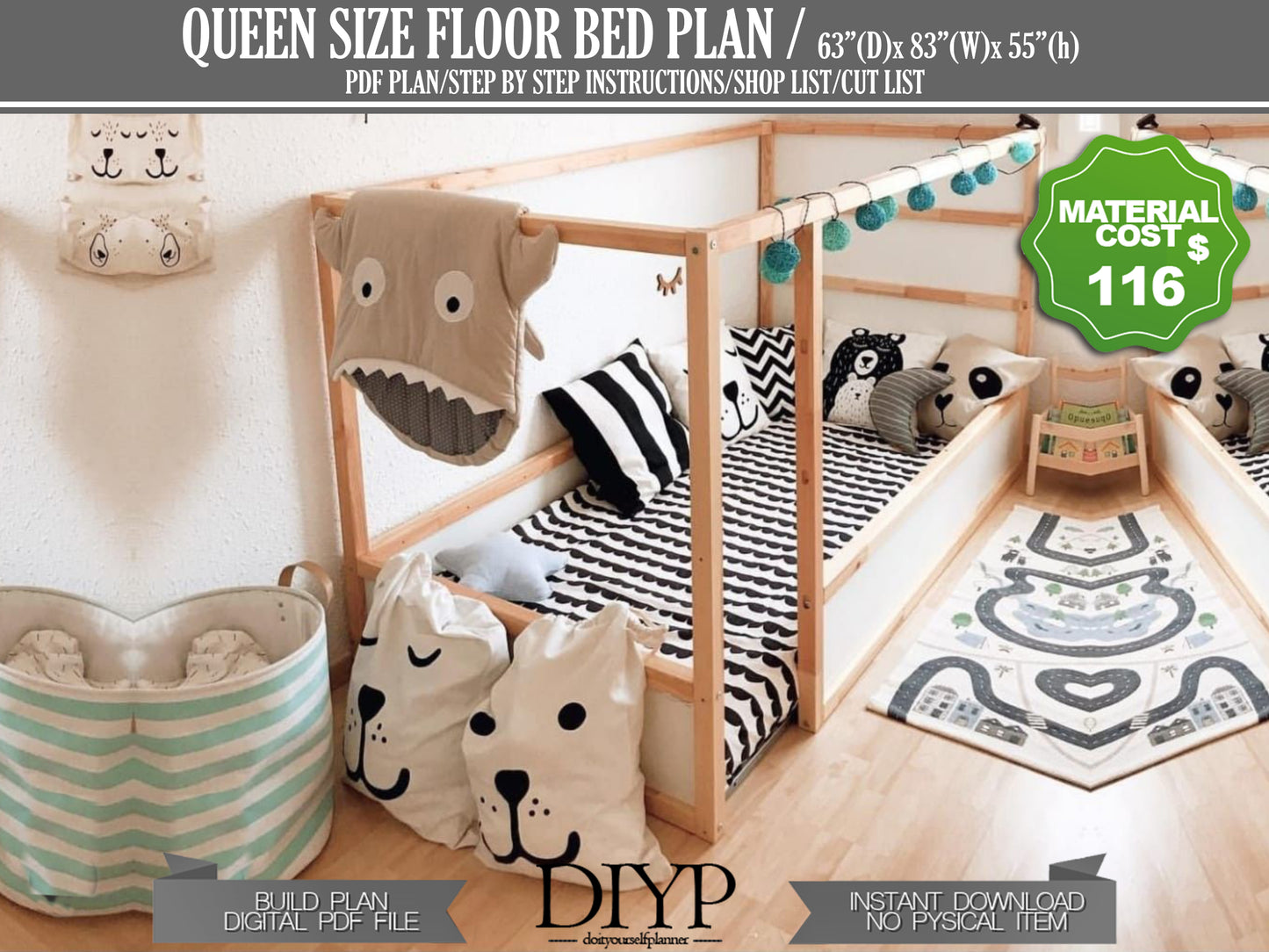 Queen size Montessori Kids' Bed Woodworking Plans