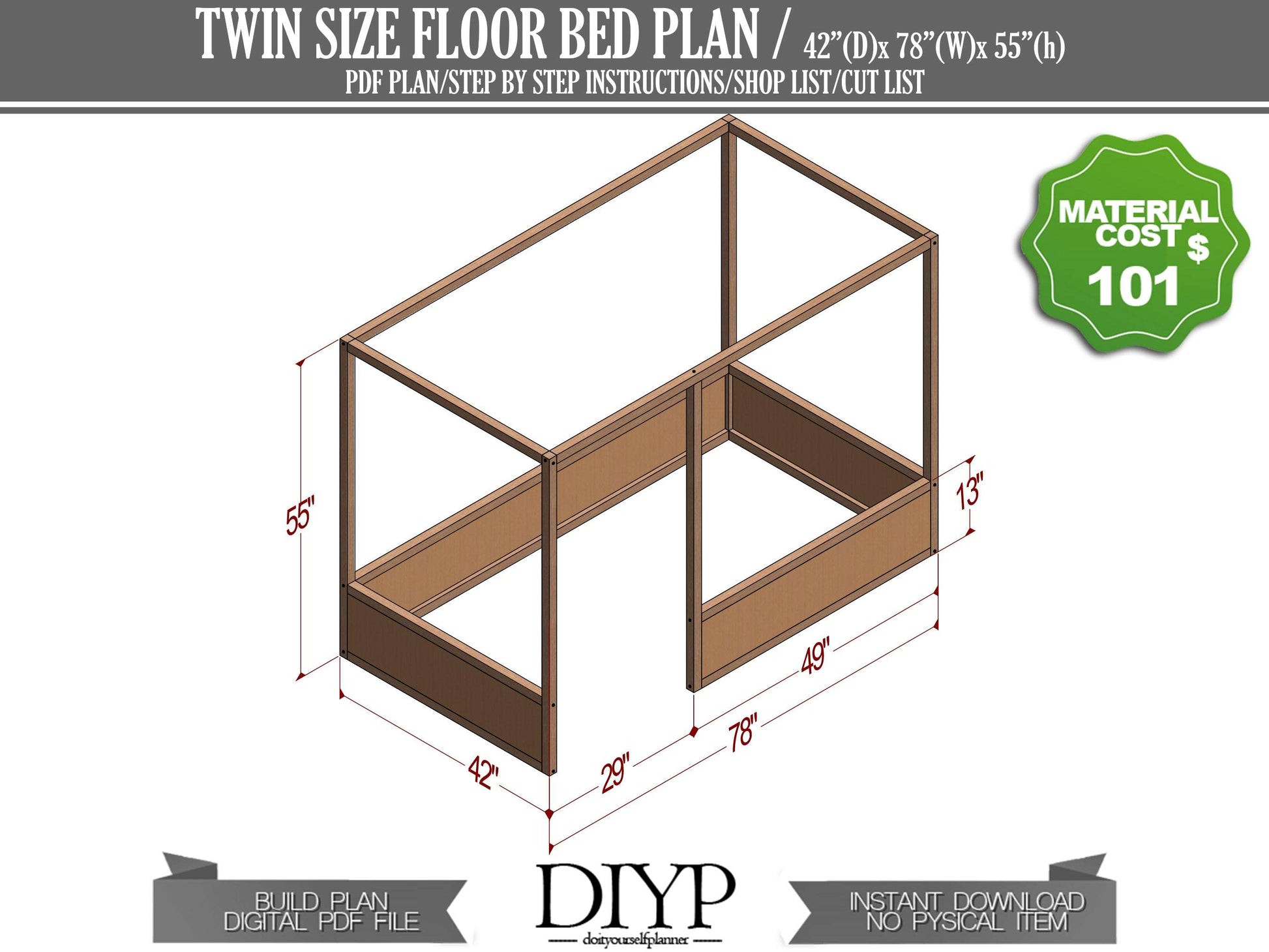 DIY Twin size Floor Bed plan, build plans for floor bed