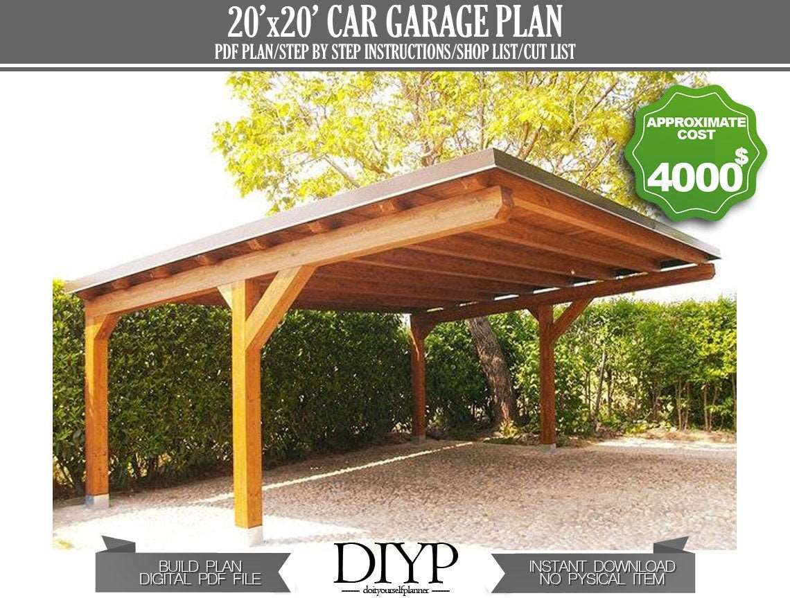 20'x20' Carport Plans DIY Wooden car garage - Download Printable PDF
