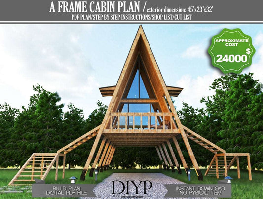 A Frame Cabin Plans, Wooden tiny house plan, Vacation House plan, Wooden house plan