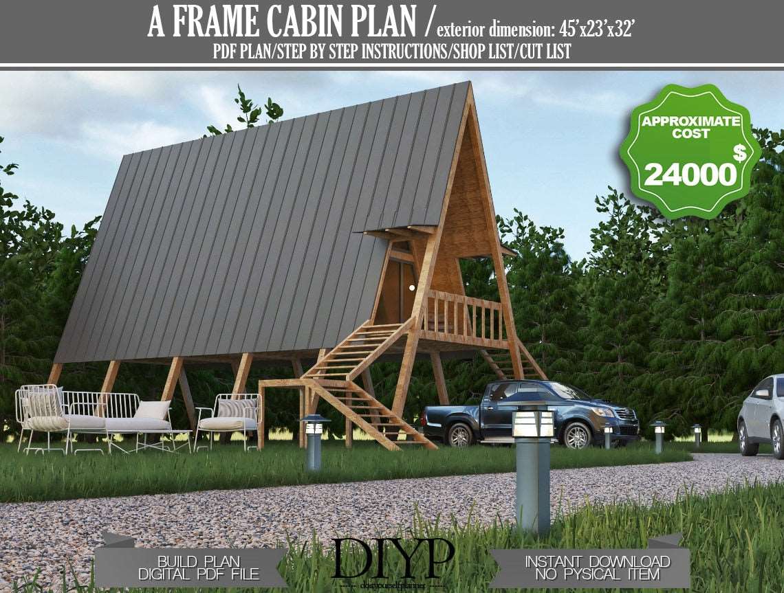 A Frame Cabin Plans, Wooden tiny house plan, Vacation House plan, Wooden house plan