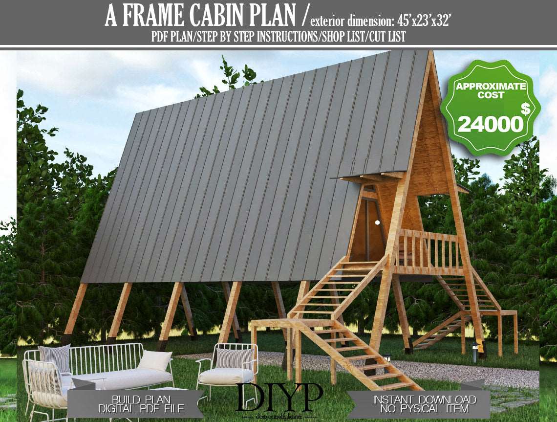 A Frame Cabin Plans, Wooden tiny house plan, Vacation House plan, Wooden house plan