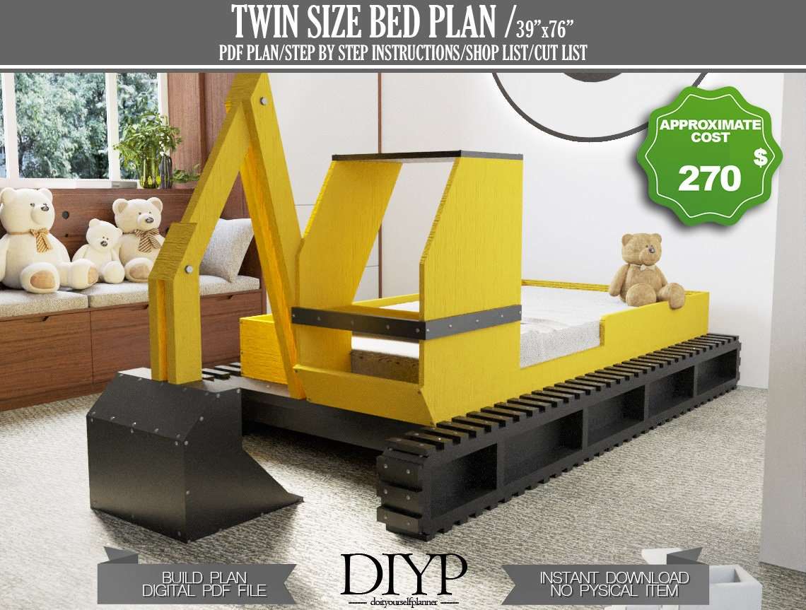 Twin size bed frame, Excavator Bed Plans, Toddler bed Plan, Children Bed plan, Bulldozer bed plan