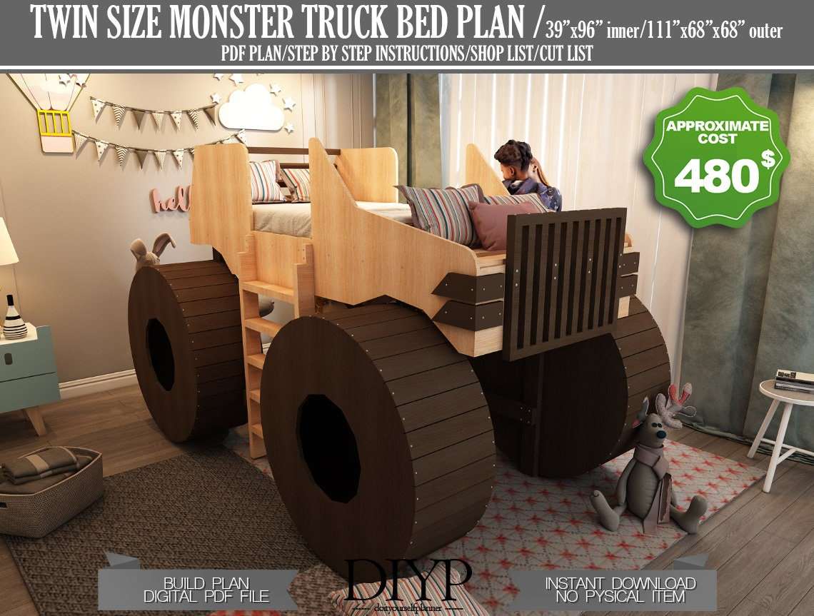 Diy Bed Plans for kids,Beatiful monster truck bed frame,Cnc cut files,Cheap kids bed,Toddler bed plans,Boys bed plan