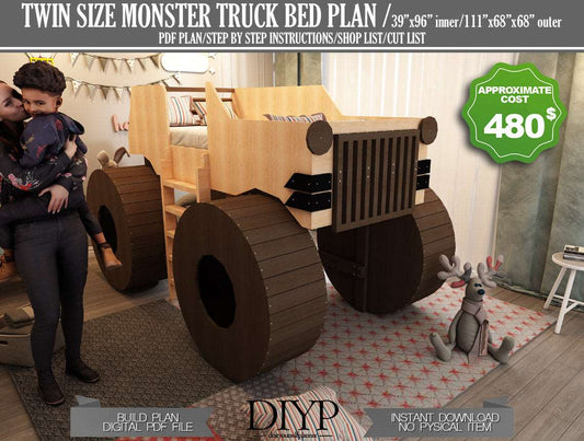 Twin size bed frame - Diy bed frame - diy bed plan - diy boys bed plan - truck bed - construction bed,car bed