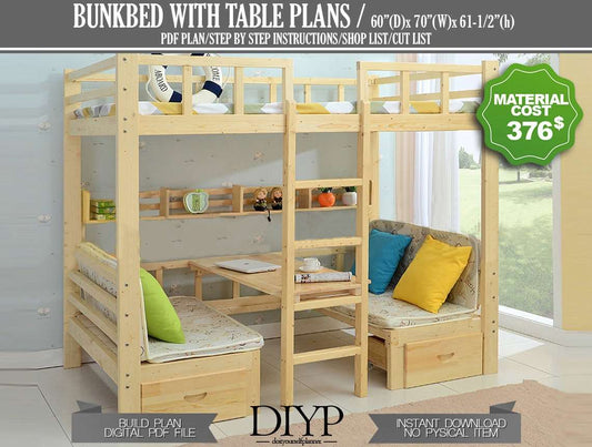 Bunk bed with desk plans, Full size loft bed, Multifunctional bunk bed with table, Modern study room ideas build plans