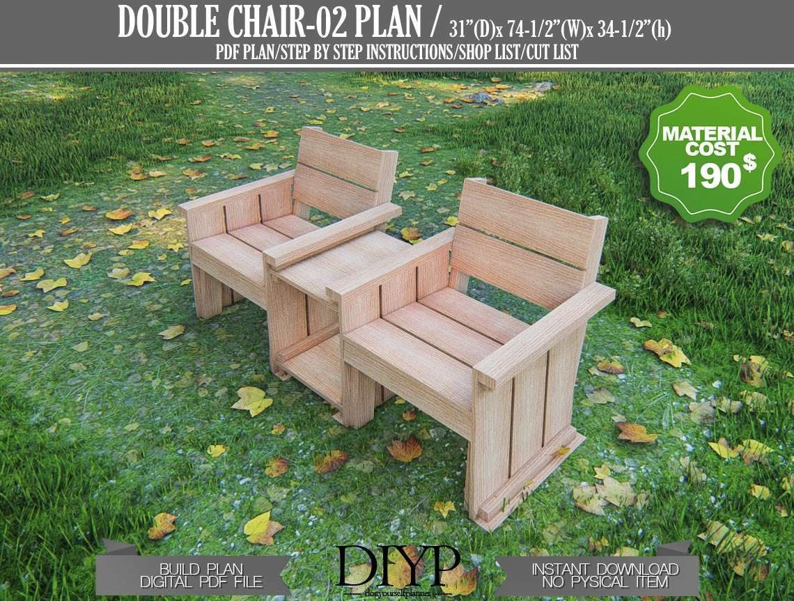 Wooden chair plans, two adirondack chair build plans, Two chair with table digital plans, diy plans for chiar