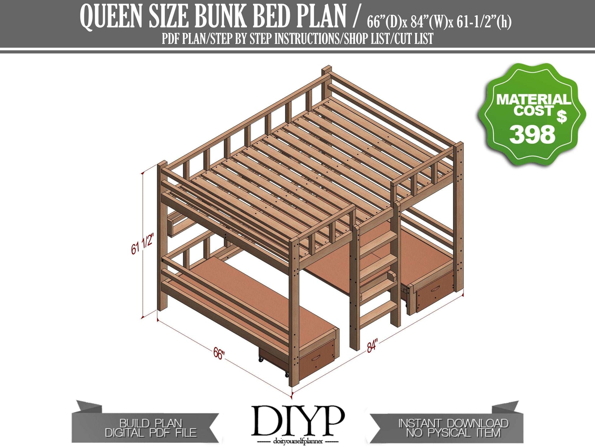 Multifunctional bunk bed with table - Modern study room ideas build plans - queen size loft bed