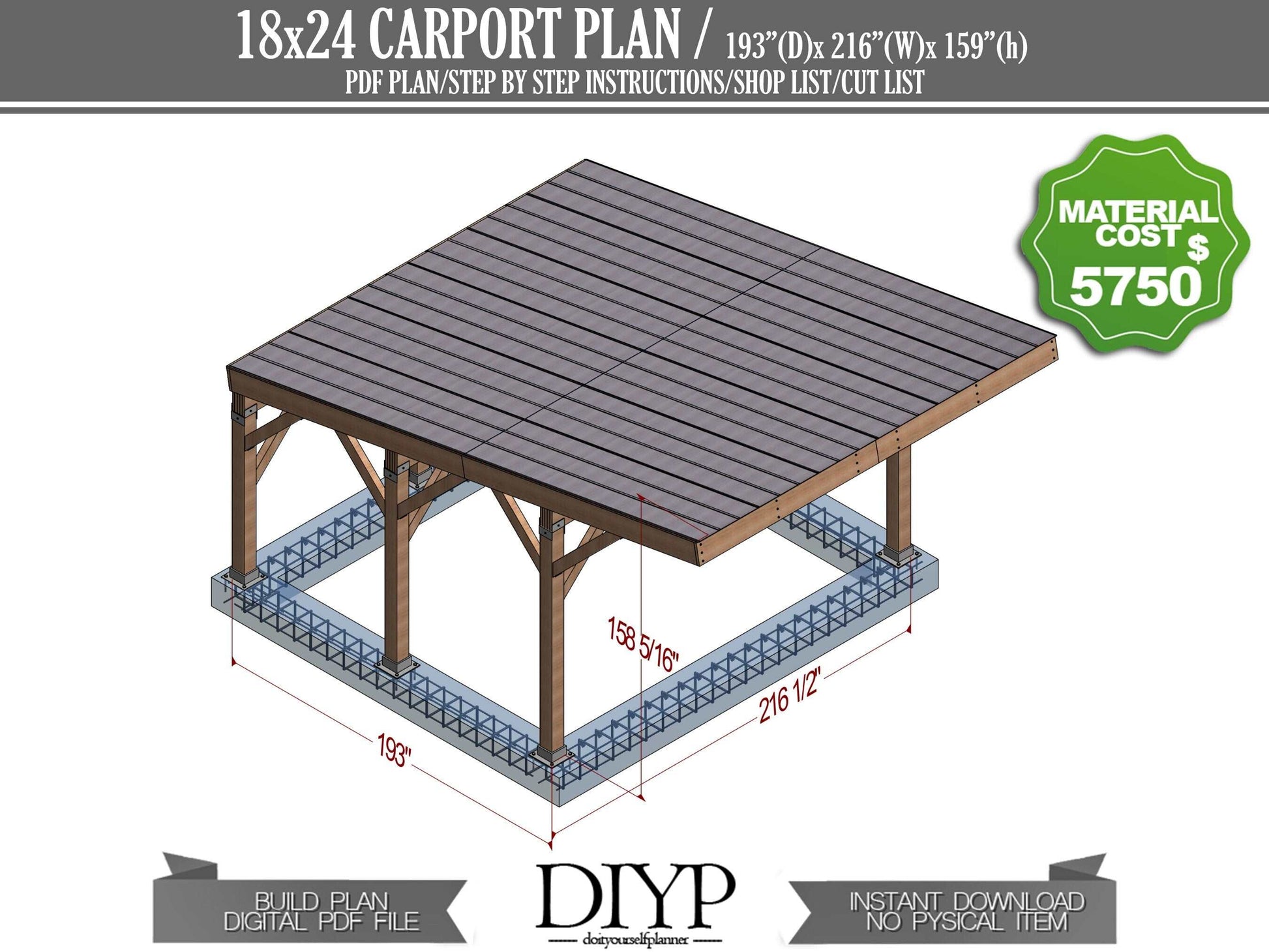 18x24 single slope Carport Plans Diy - Car Garage for Two Car - Wooden Car Port