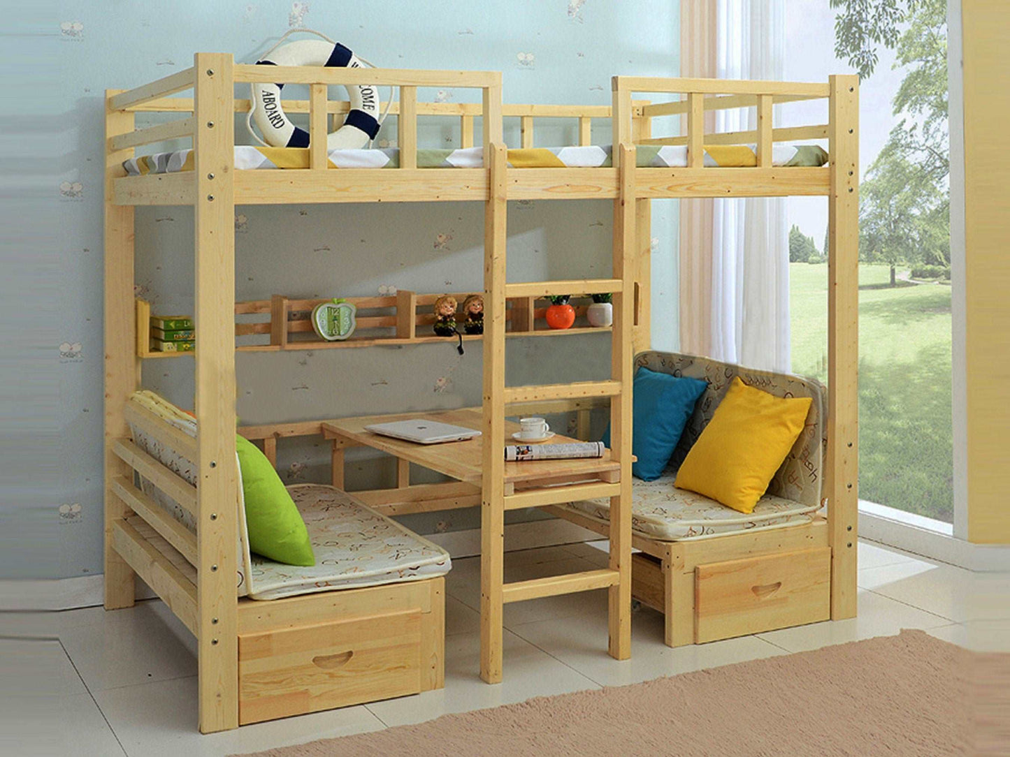 Multifunctional bunk bed with table - Modern study room ideas build plans - queen size loft bed