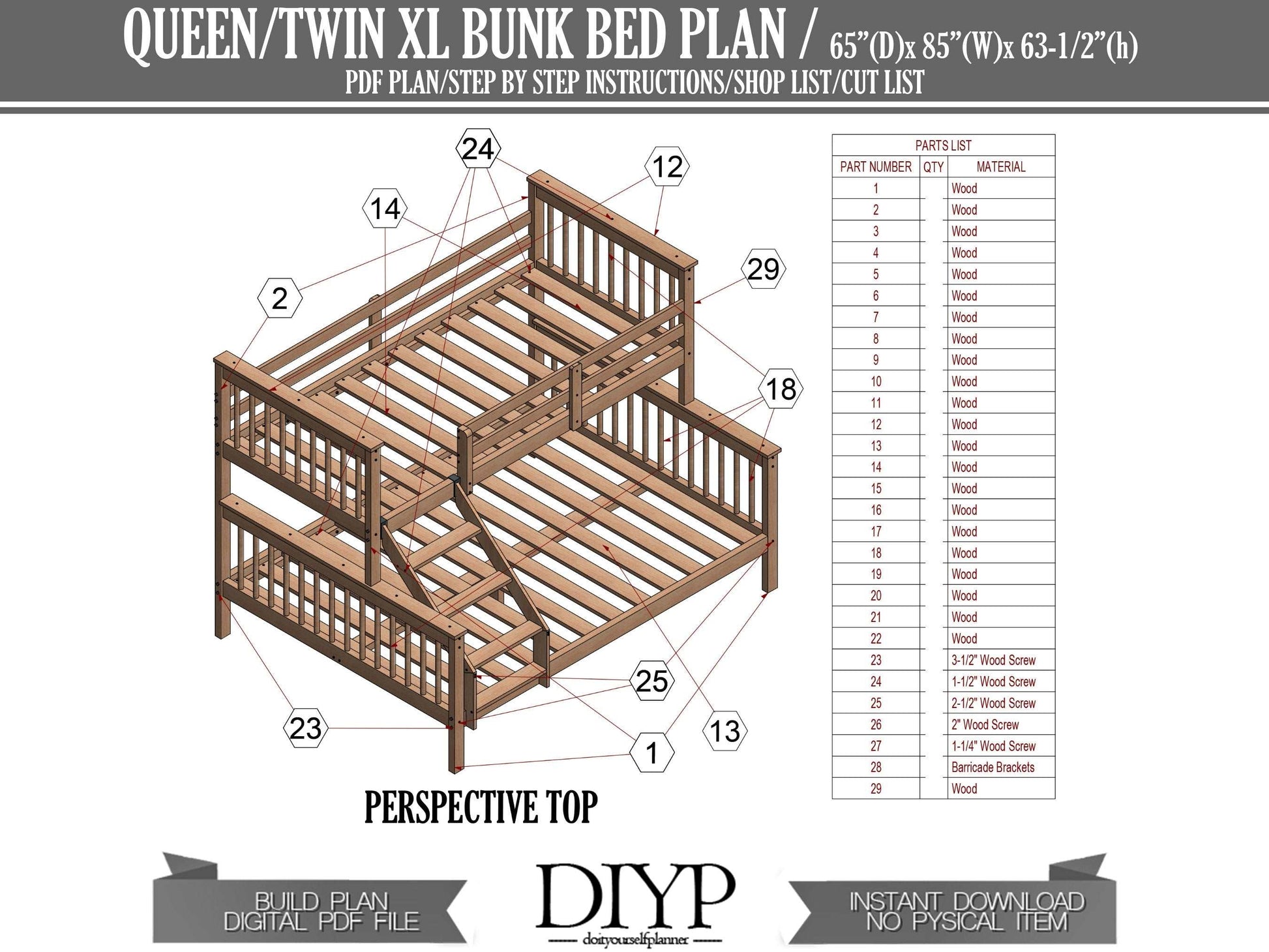 DIY plans for Bunk Bed with Queen and Twin XL Bed - Make a stylish and useful bunk bed