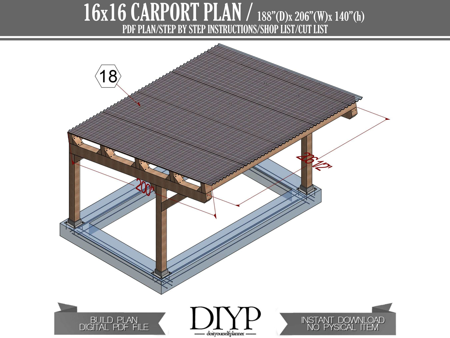 16'x16' Carport Plans - DIY Wooden car garage - Download Printable PDF