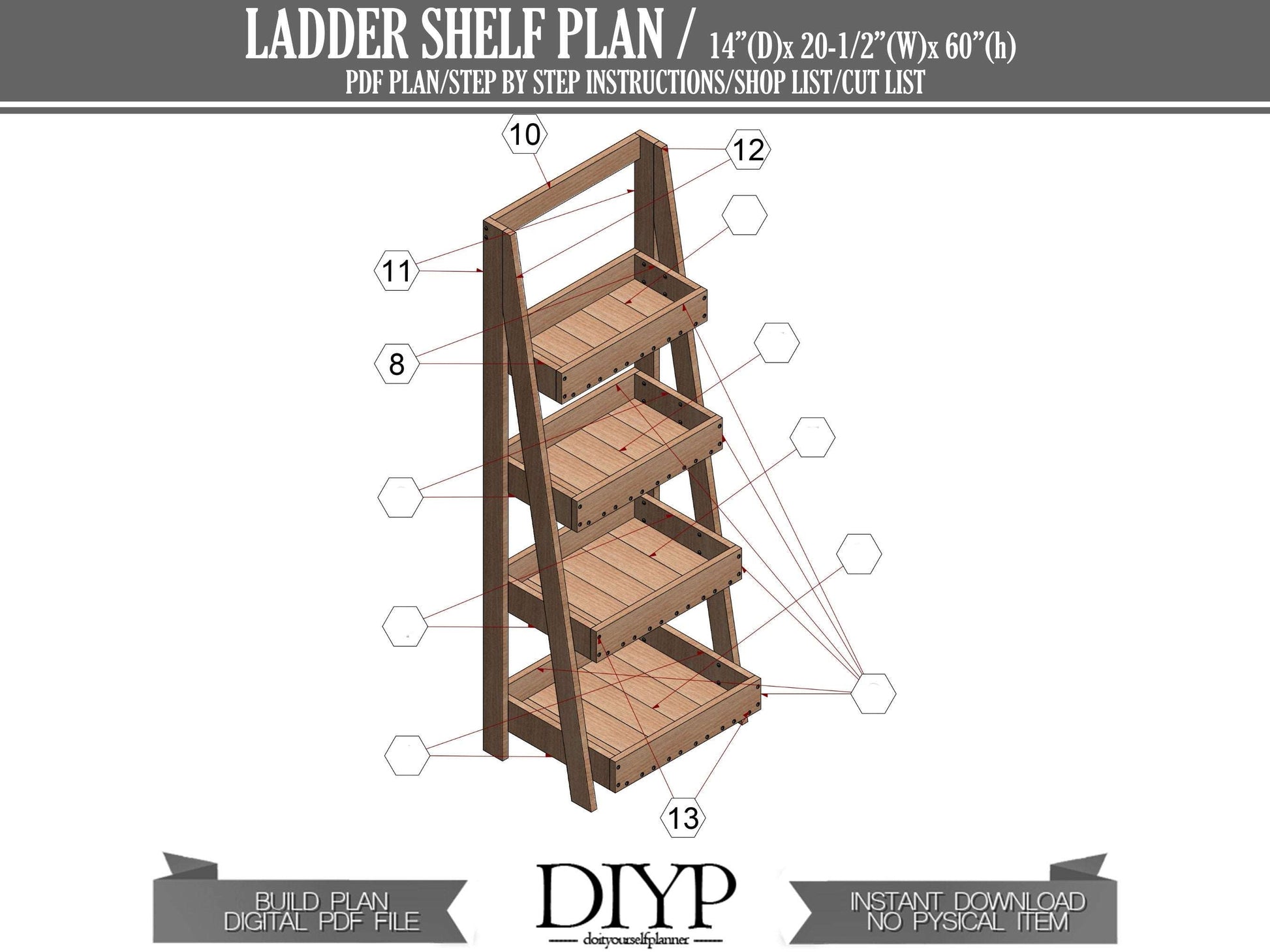 Digital PDF Build plans for Wooden Ladder Shelf - Woodworking plans Tiered Garden Ladder Box