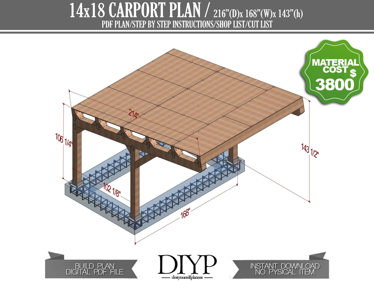 Wooden car garage plans - 14x18 car port plans - one car carport blueprint