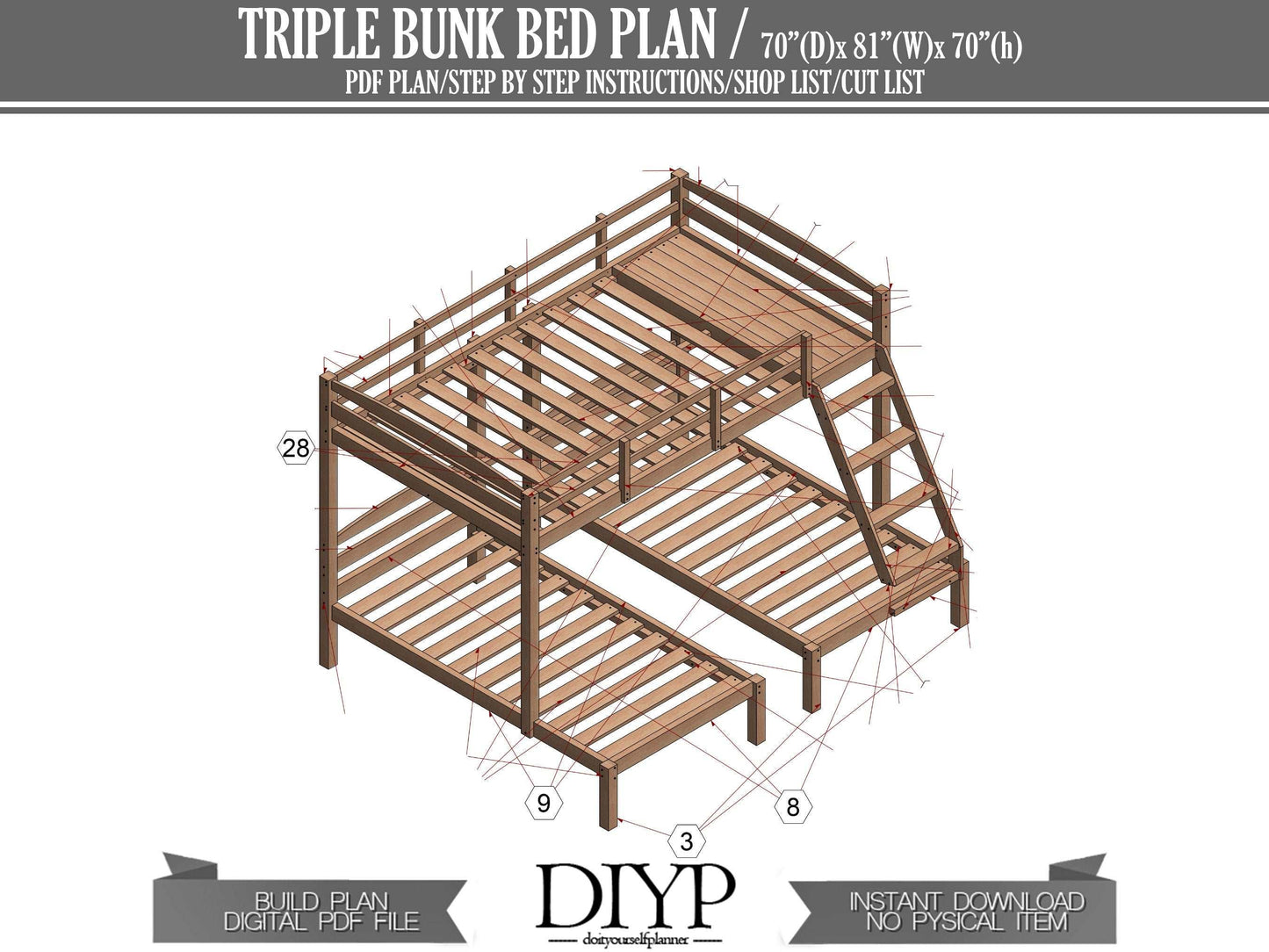 Wooden Triple Bunk Bed Plans - Full over 2 Twin Bunk Bed for Kid's - Make your own bunk bed