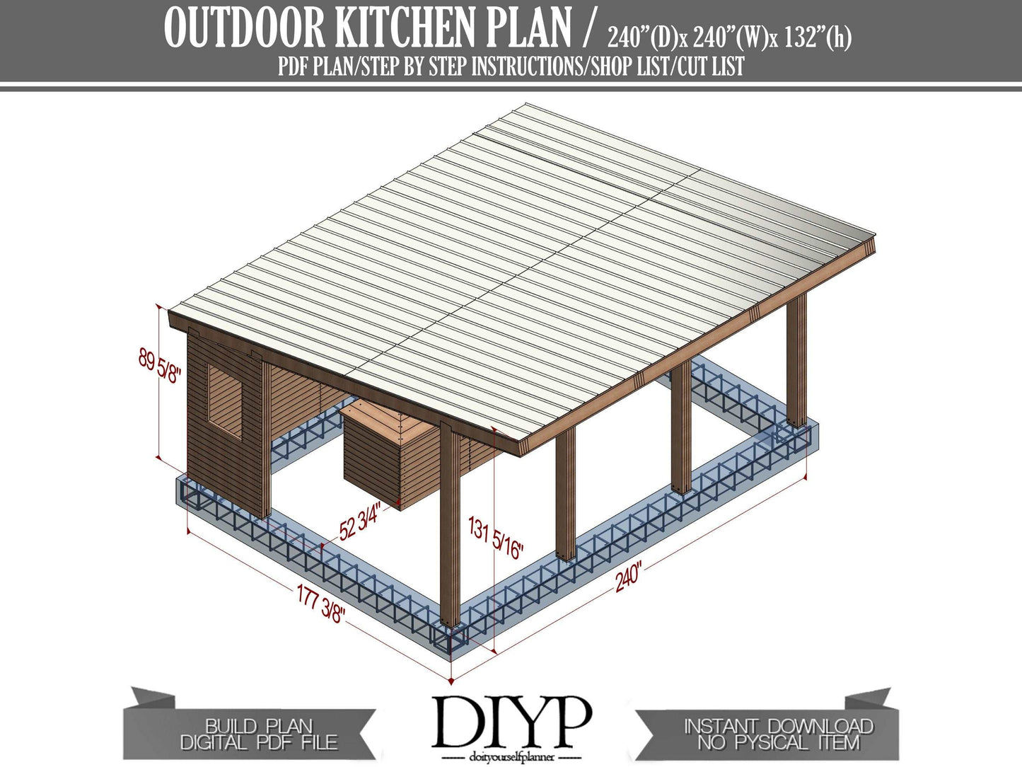 20x20 Outdoor Kitchen Plans , Patio Kitchen , Open-Air Kitchen , Outdoor Dining Patio , Backyard Party Pavilion - Outdoor Bar