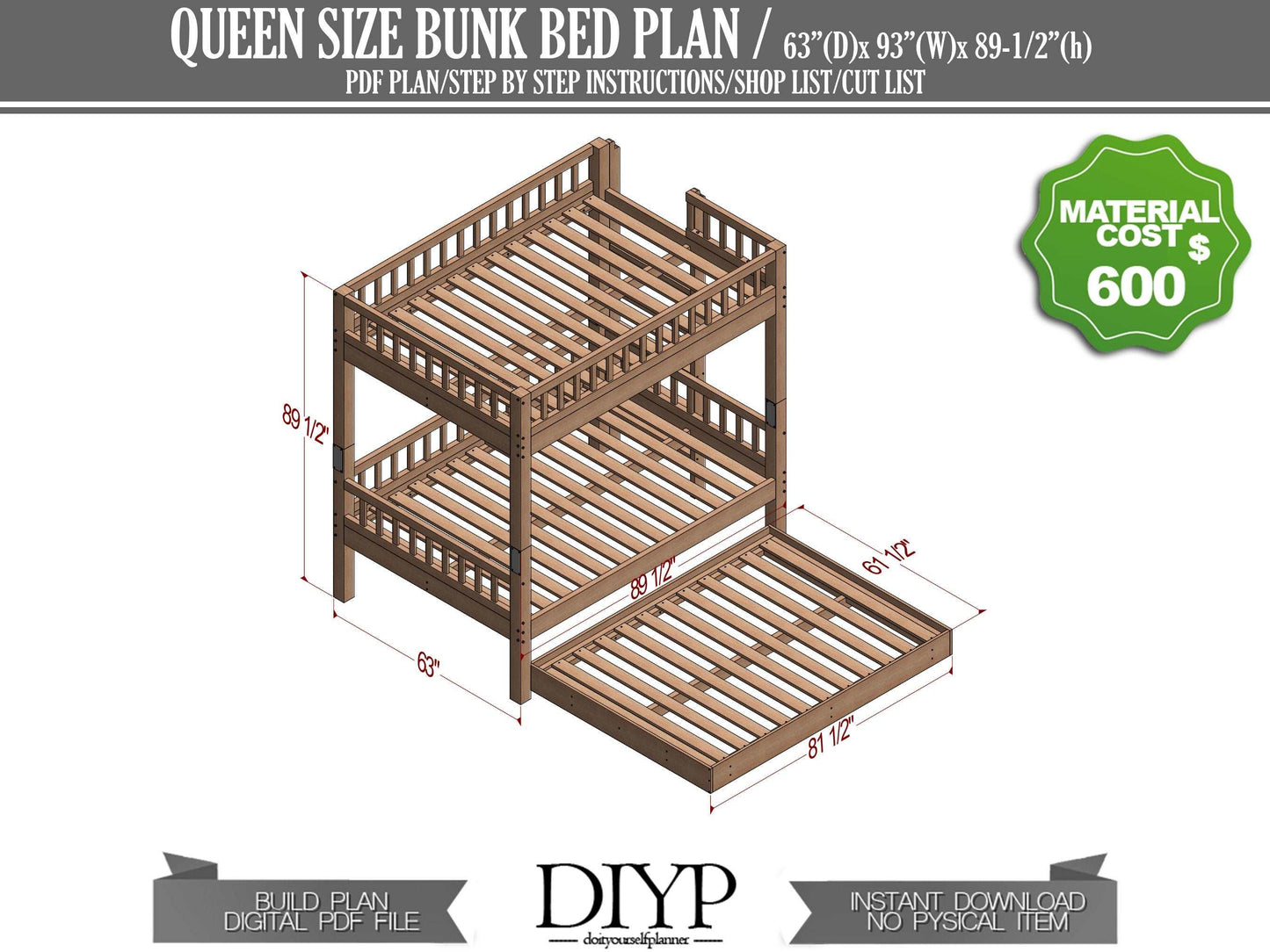 Queen Size Bunk bed plan  -  Triple bed build plans - queen loft bed