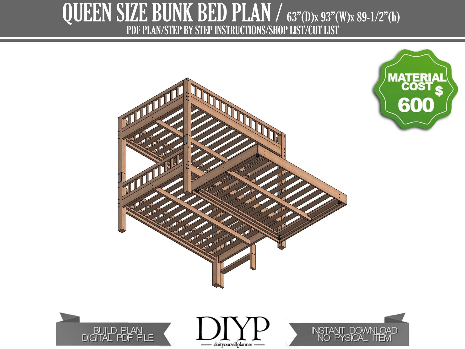 Queen Size Bunk bed plan  -  Triple bed build plans - queen loft bed