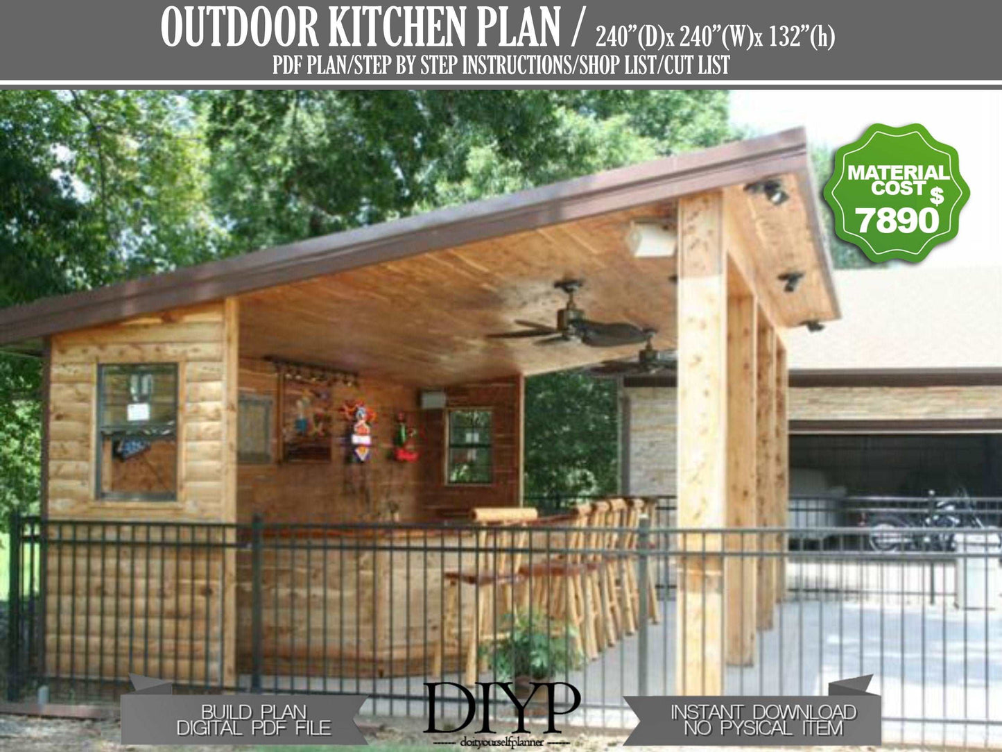 20x20 Outdoor Kitchen Plans , Patio Kitchen , Open-Air Kitchen , Outdoor Dining Patio , Backyard Party Pavilion - Outdoor Bar