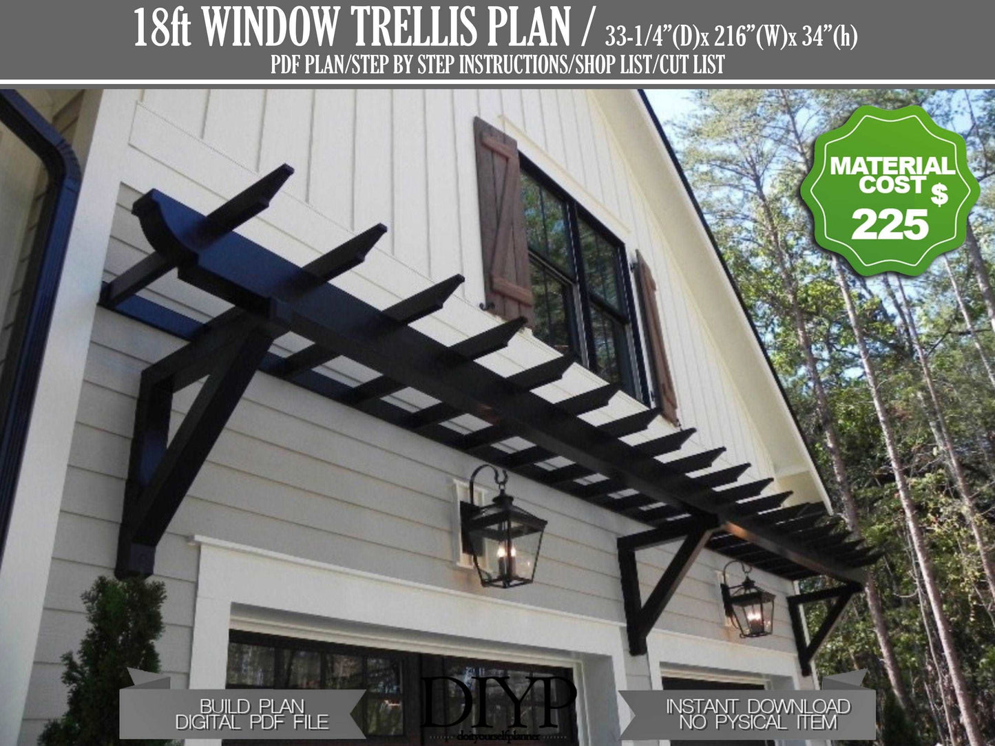 18 ft Garage Trellis - two  Door garage arbor -DIY trellis plans - Window trellis - cottage door pergola plans