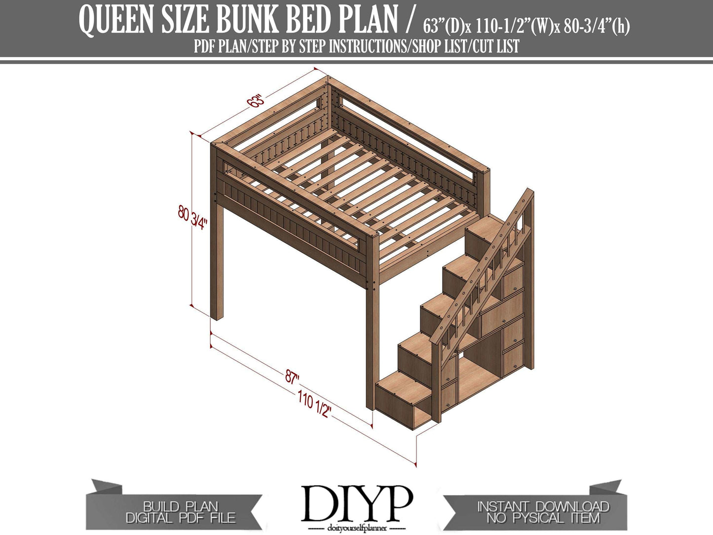 Multifunctional Queen Size Bunk Bed with storage area Plan - Modern bedroom ideas build plans - queen size loft bed