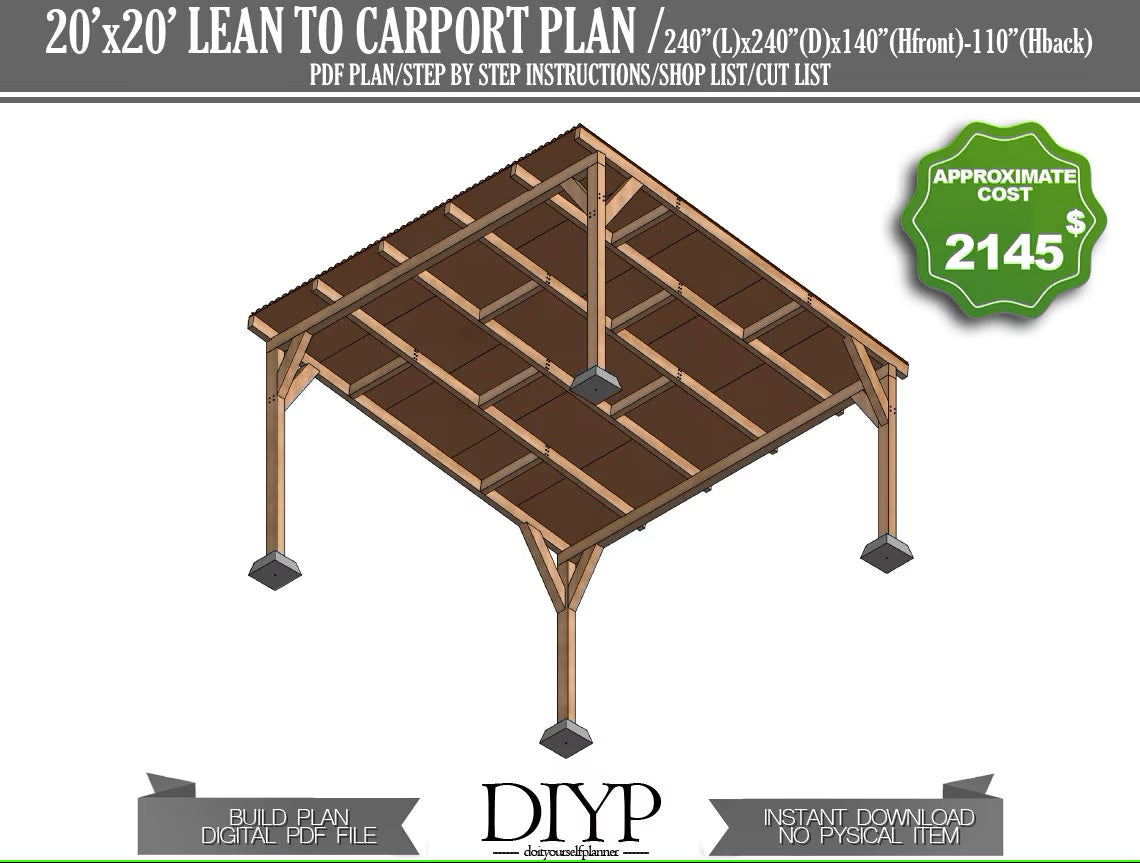 DIY Carport Plans, 20x20 Woodworking Blueprint, Single Pitch Roof,