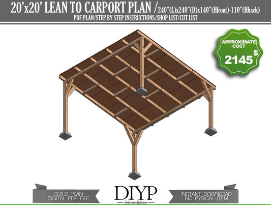 DIY Carport Plans, 20x20 Woodworking Blueprint, Single Pitch Roof,