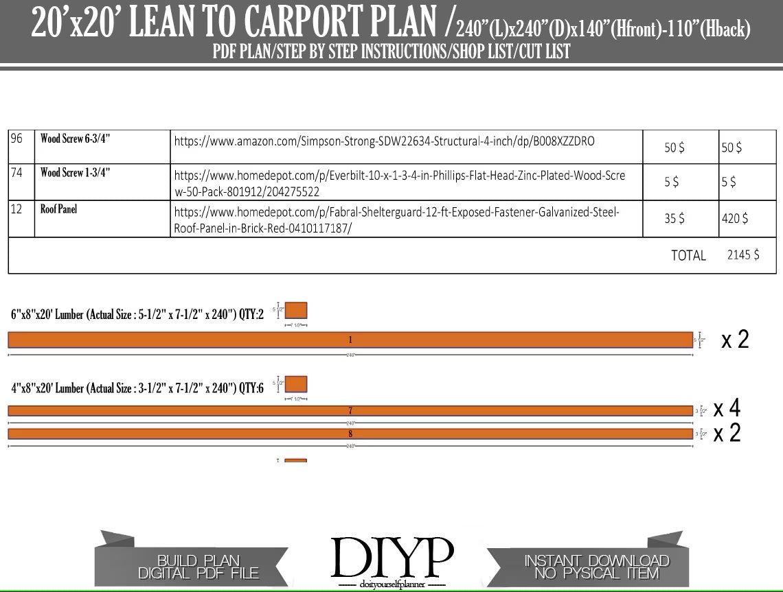 DIY Carport Plans, 20x20 Woodworking Blueprint, Single Pitch Roof,