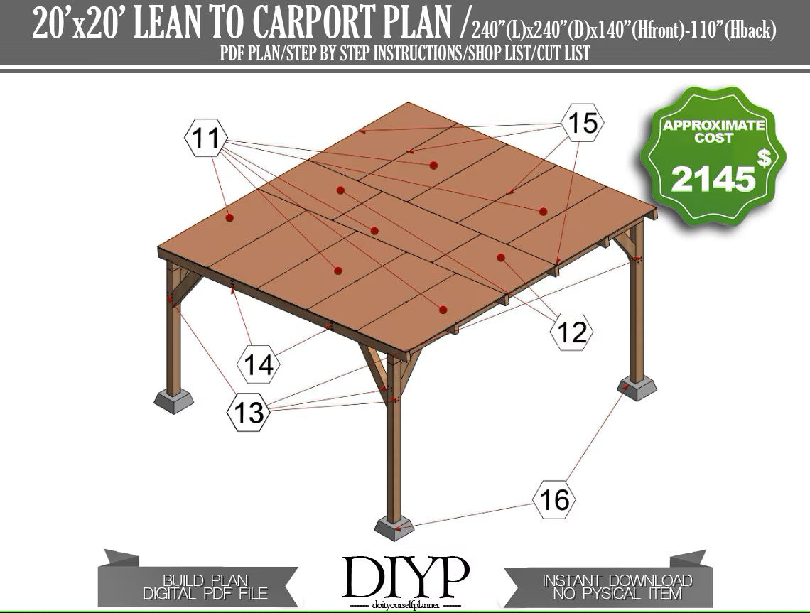 DIY Carport Plans, 20x20 Woodworking Blueprint, Single Pitch Roof,