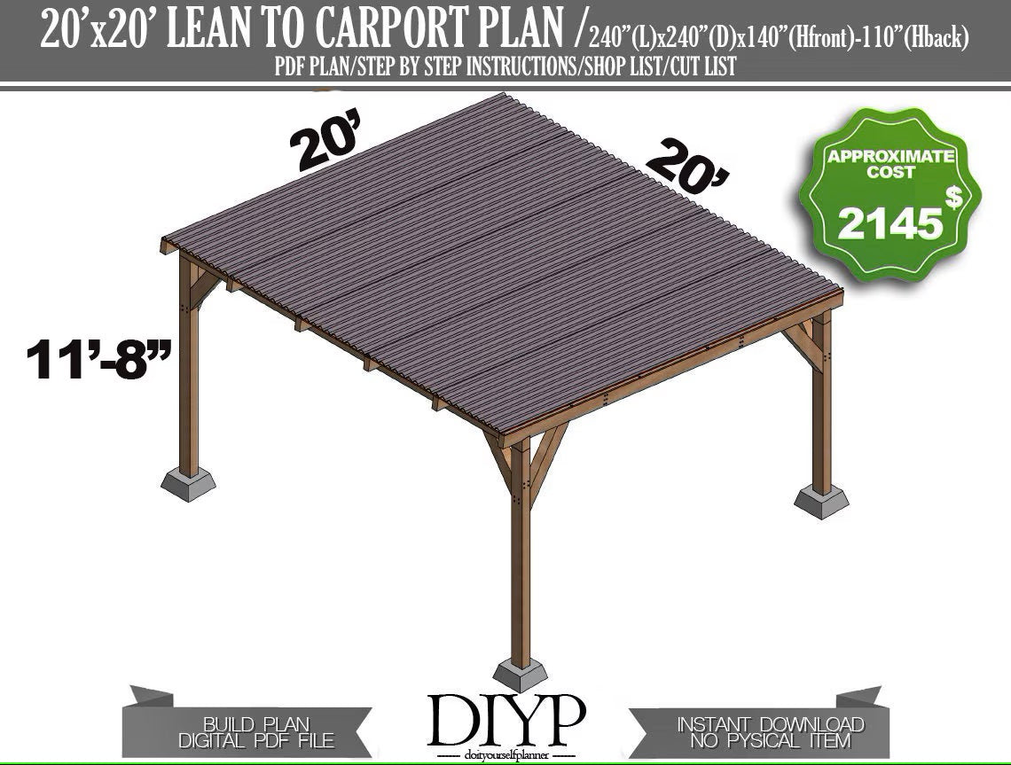 DIY Carport Plans, 20x20 Woodworking Blueprint, Single Pitch Roof,