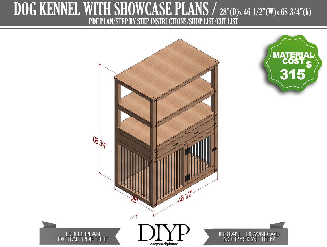 DIY Dog Kennel Plans with Shelves and Drawers - 28x46x68 Inches - Construction Animation & Cutting List Included