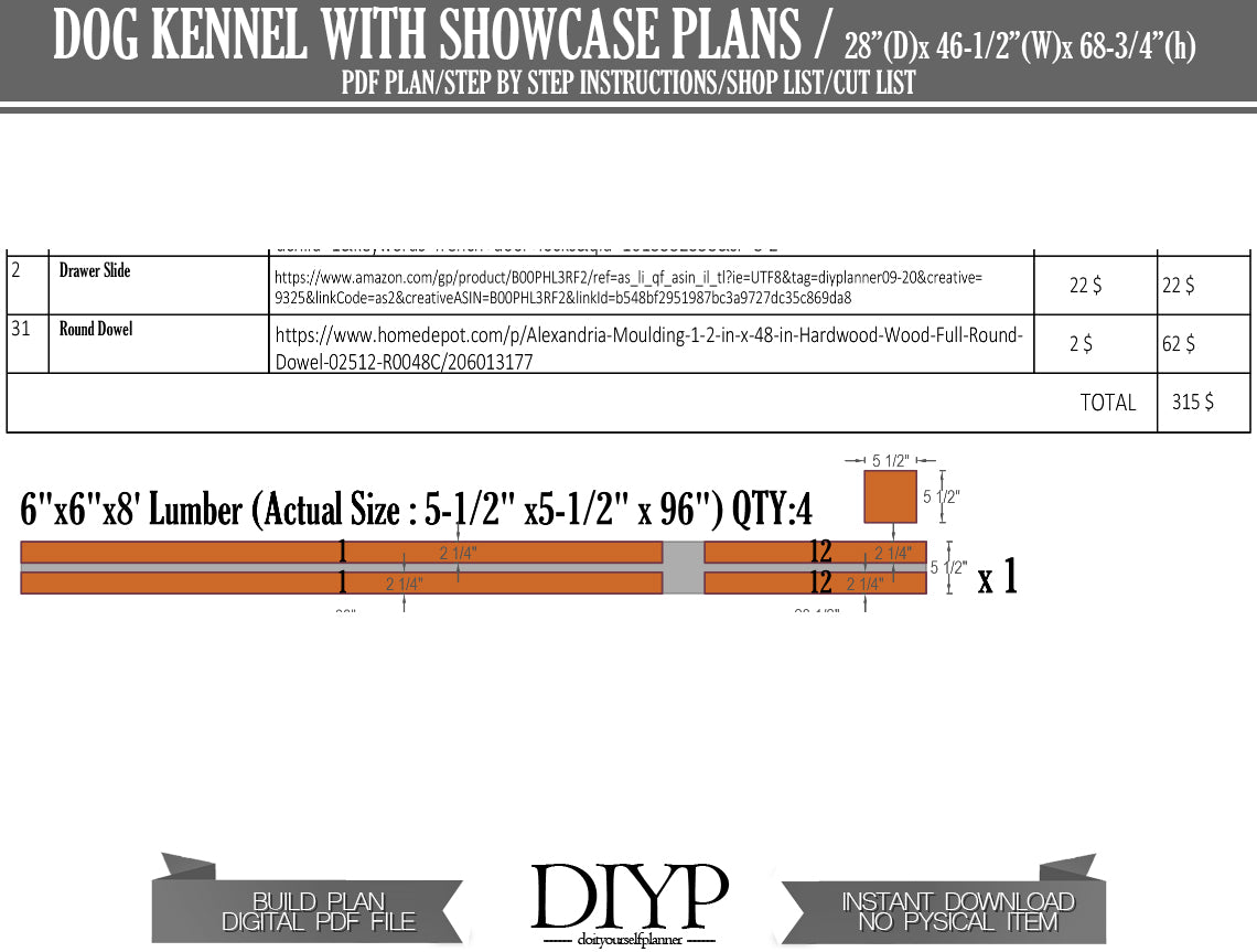 DIY Dog Kennel Plans with Shelves and Drawers - 28x46x68 Inches - Construction Animation & Cutting List Included