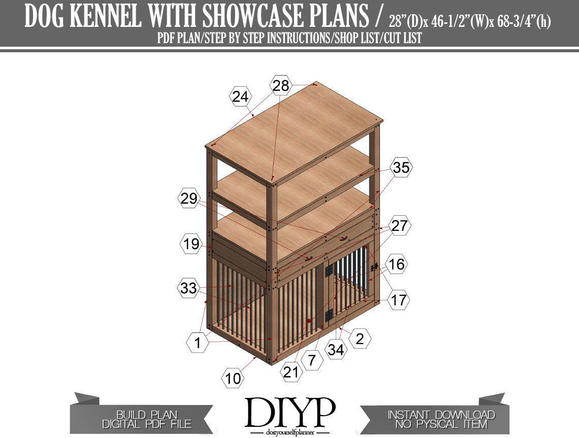 DIY Dog Kennel Plans with Shelves and Drawers - 28x46x68 Inches - Construction Animation & Cutting List Included