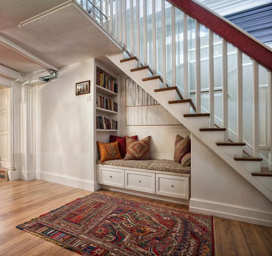 Under Stairs Nook Storage Bench with Drawers and Bookshelf Woodworking Plan