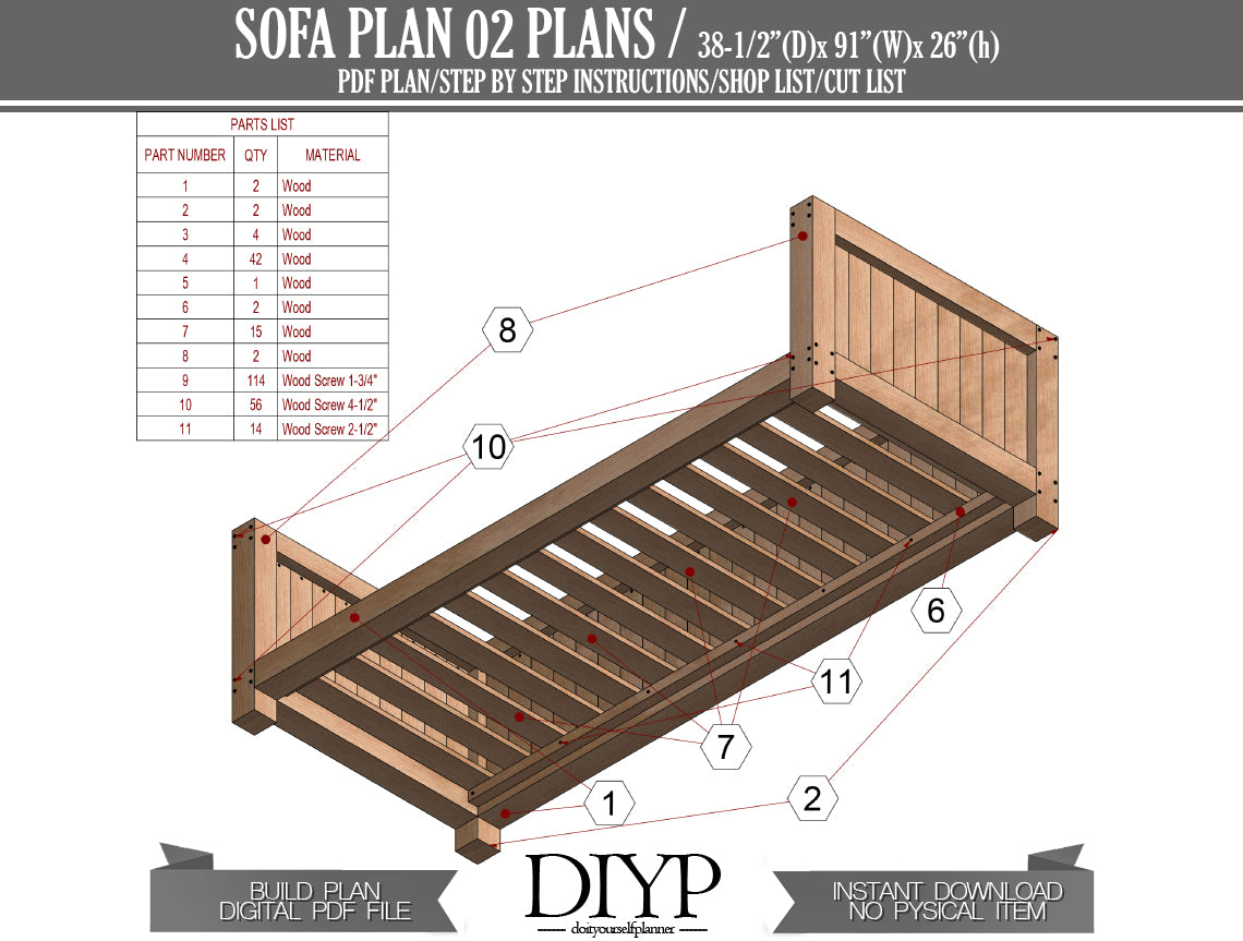 Build Your Own Sofa! Easy Woodworking Plans & Animation - Modern Design, 91x38 Inches