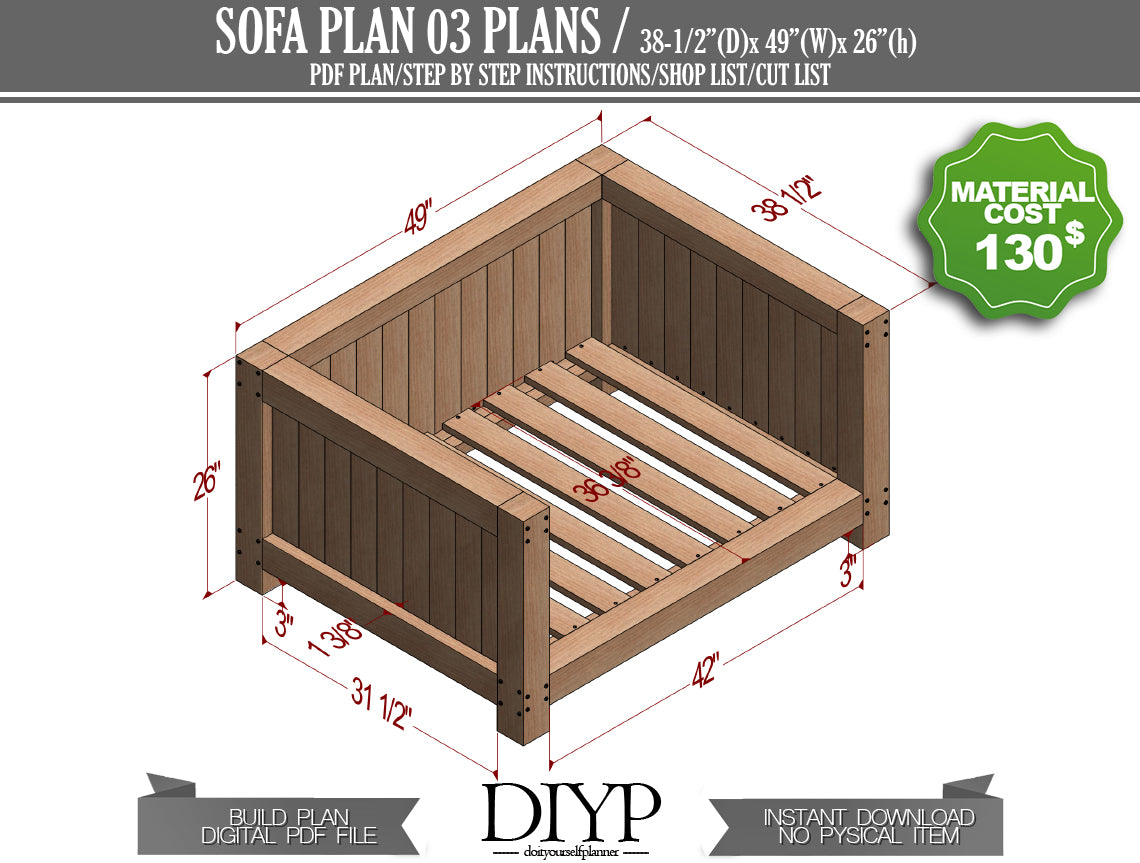 DIY Sofa Plans with Construction Animation, Shopping List & Cut List