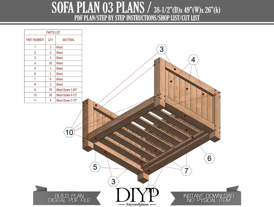 DIY Sofa Plans with Construction Animation, Shopping List & Cut List