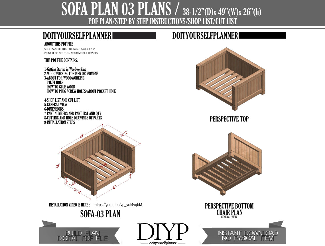 DIY Sofa Plans with Construction Animation, Shopping List & Cut List