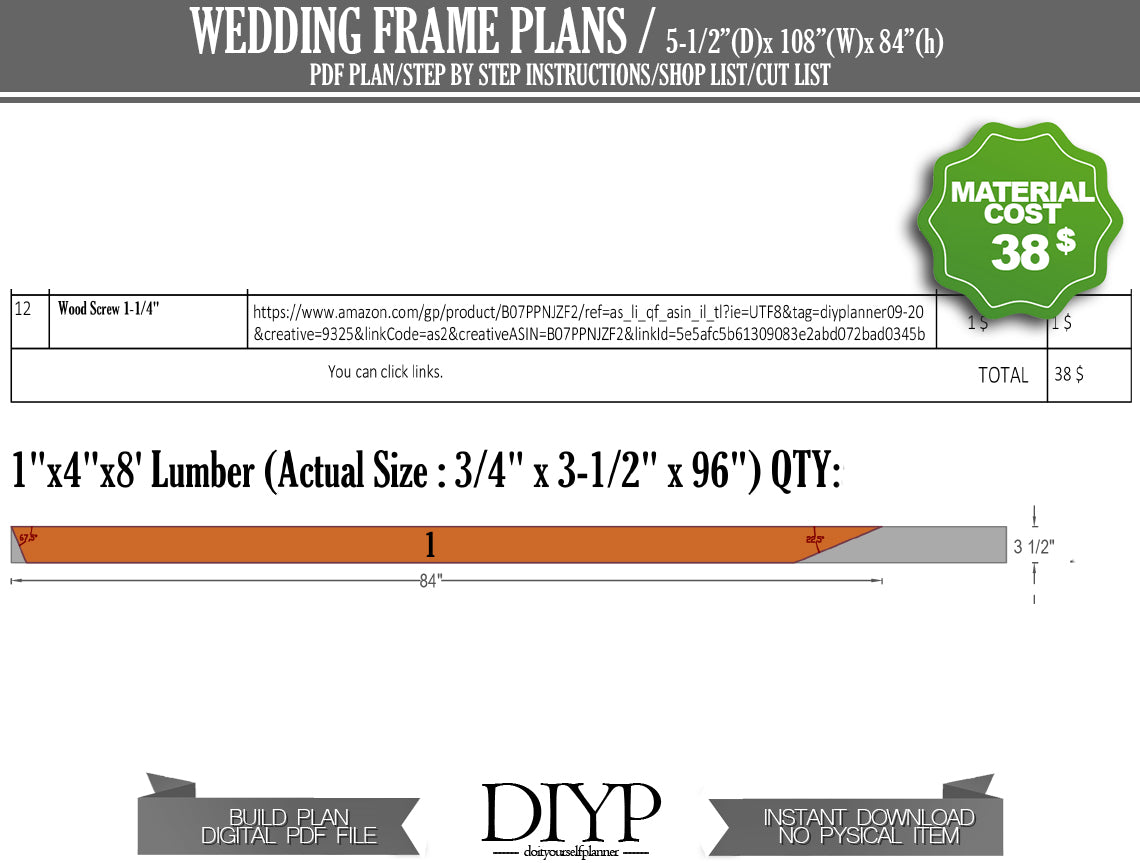 DIY Mountain Wedding Arbor Plans - 108" Long x 84" High - With Construction Animation & Cutting List