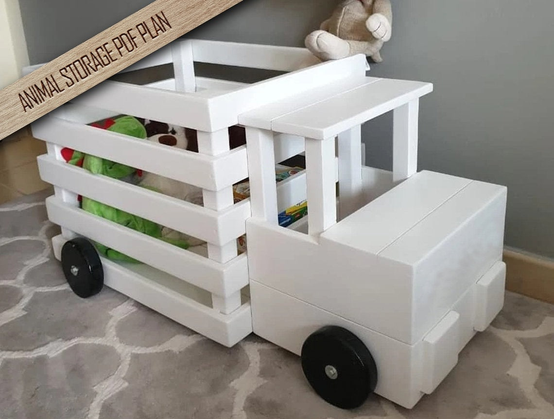 wooden toy storage, affordable playroom furniture, build plans for truck toy storage