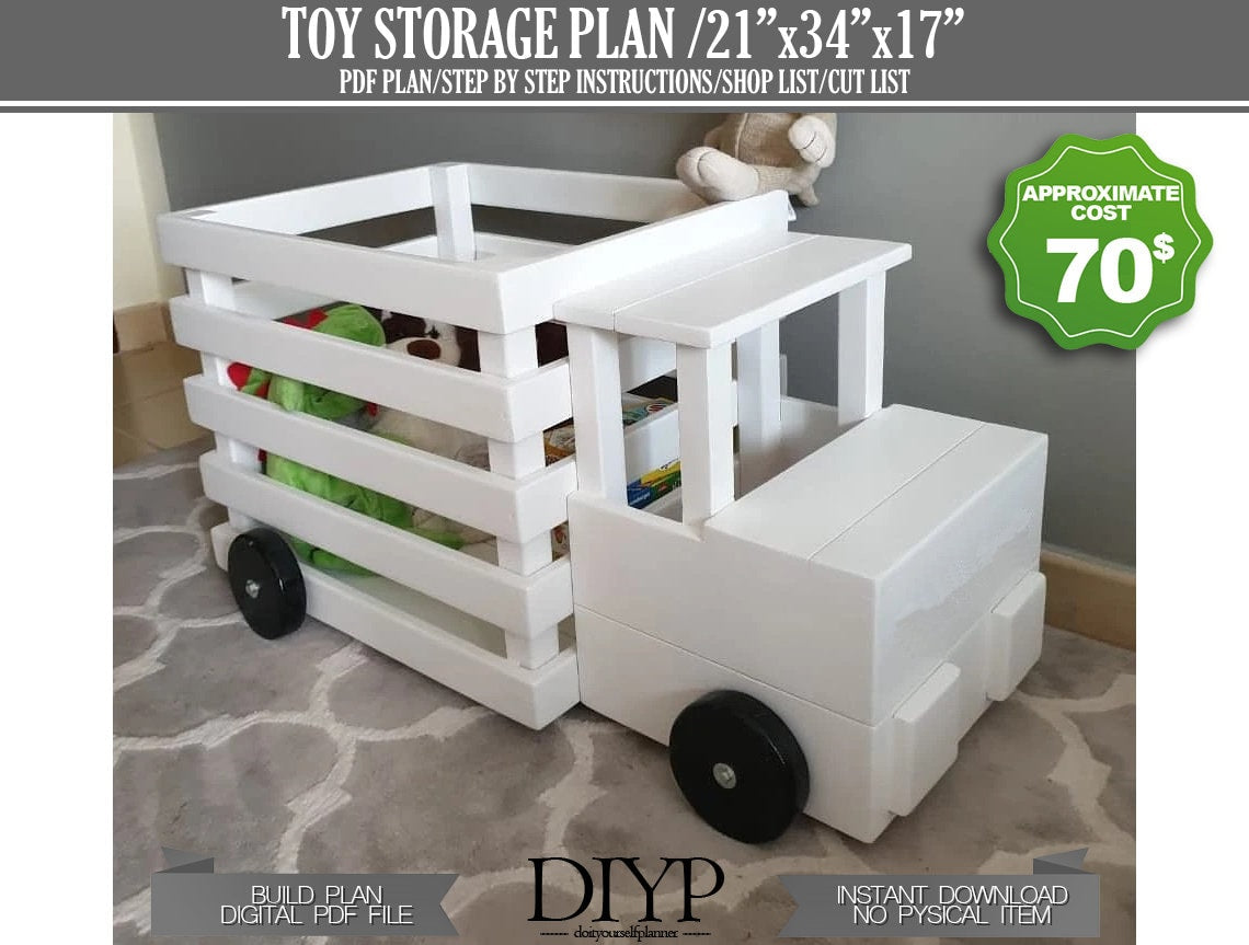 wooden toy storage, affordable playroom furniture, build plans for truck toy storage