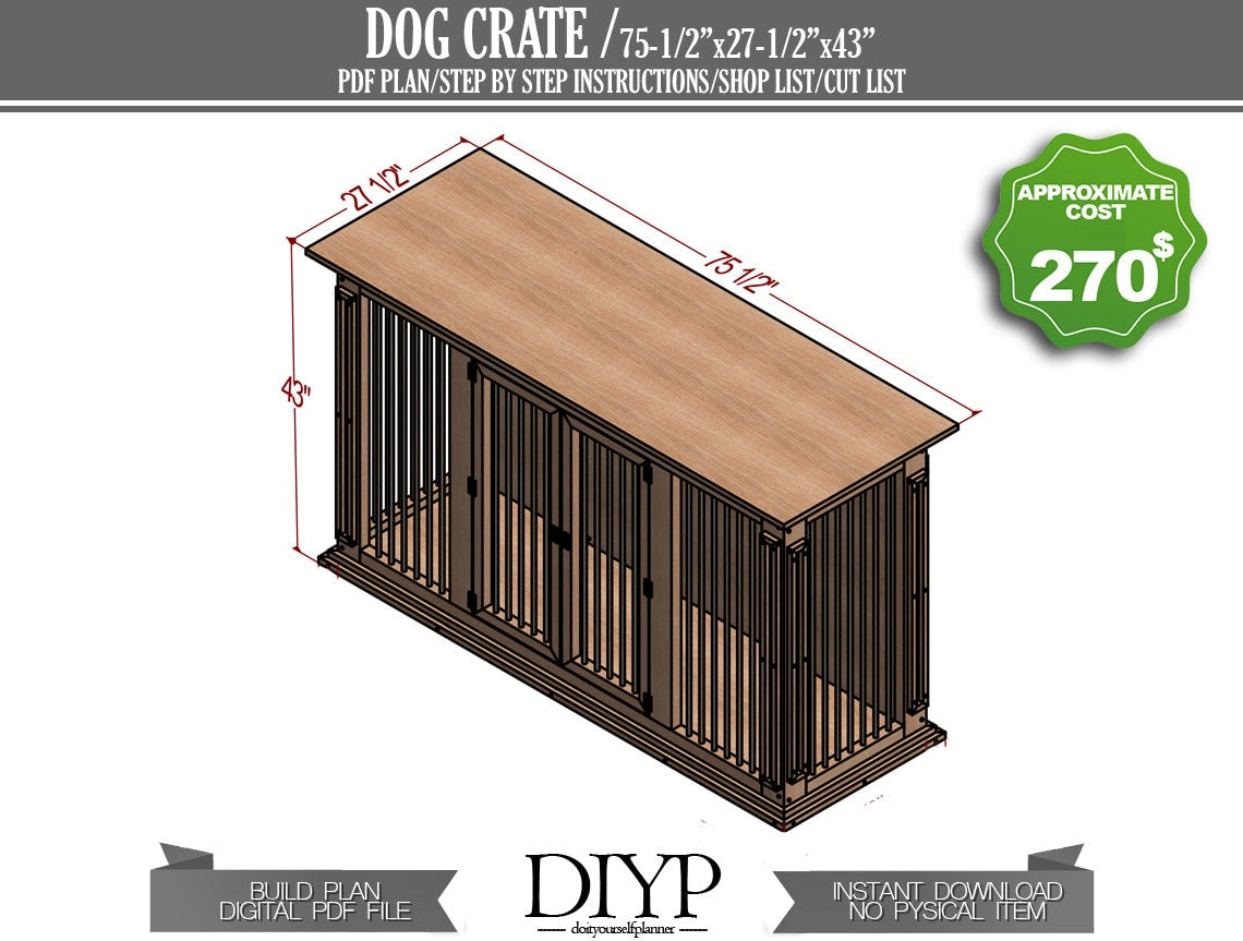 Dog kennel plans - Diy dog crate plans - Dog cage build plan - Wooden Dog House-75x27x43
